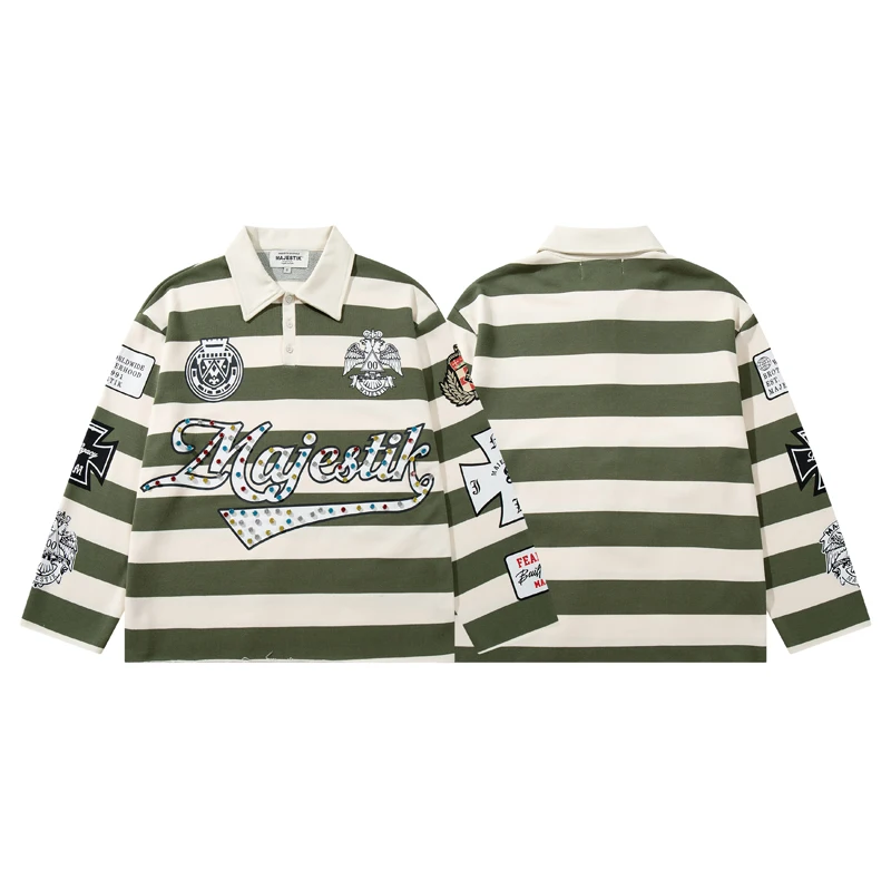 Best-selling New Quality Rivet-decorated Lapel Long-sleeved Striped Black White Button-down Majestik T-shirt Loose Casual Stock