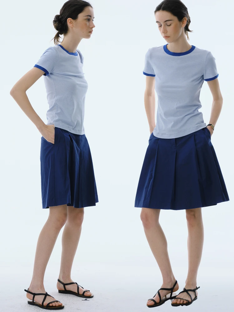 Slim Fit Short Sleeve T-Shirt Women's Summer Regular Shoulder RAYON WOOL Blend Color Block Base Layer Cycling Document