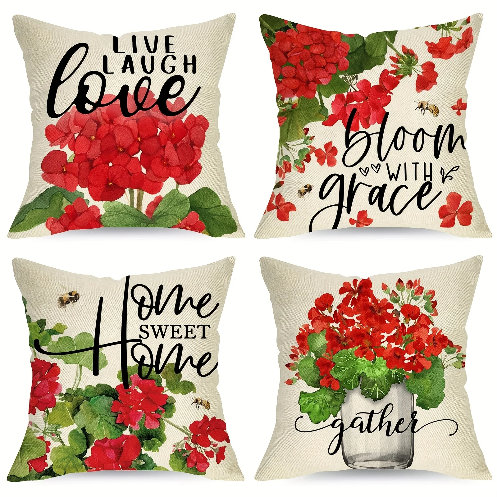 1pc Linen  Vase Red Flower Summer Throw Pillow Cover (Cushion Is Not Included)