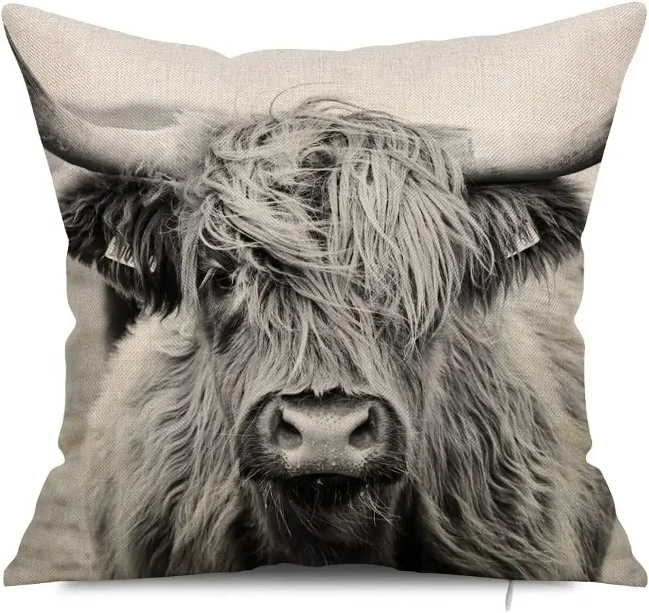 Highland Cow Throw Pillowcase, Decorative Cow Print Linen Pillowcase Sofa Cushion Living Room Car Bedroom Cushion Cover