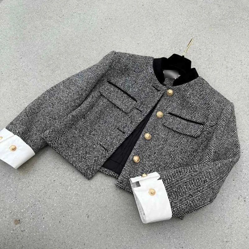 Spring Autumn Jackets for Women Round Neck Trench Coats Woolen Short Jackets Blazers Office Lady Korean Tweed Jacket Overcoat
