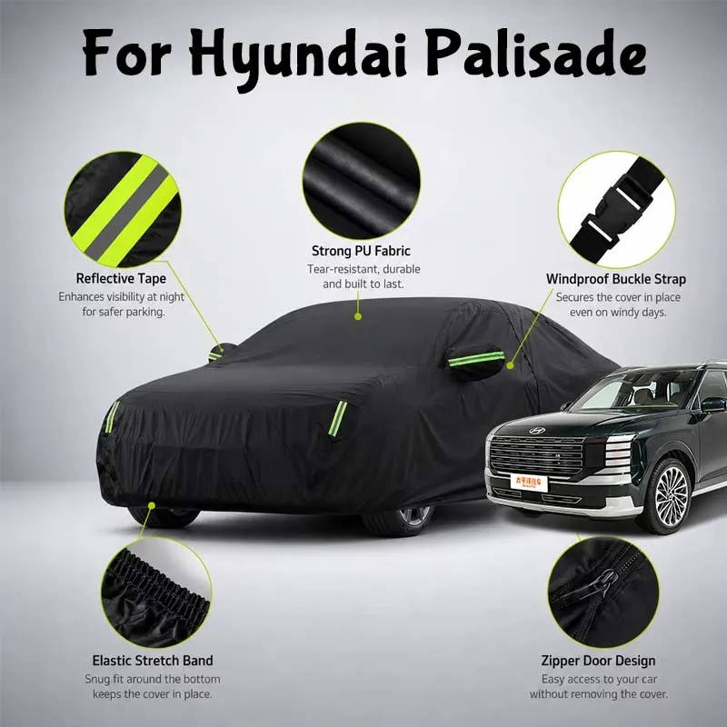 For Hyundai Palisade Waterproof Full Car Cover Side Door Zipper Reflective Strips Windproof Buckle All-Weather Protection