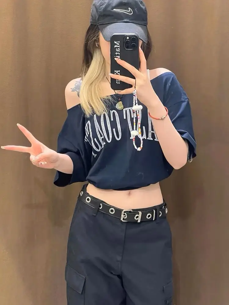 Y2k Vintage Summer Off shoulder Oversize T Shirt Women Short sleeve Korean Chic Crop Top Youth  Elegant Blouse Female Clothing