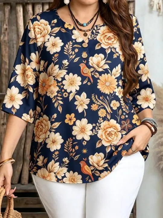 Women Bohemian Vintage Bird Floral Print Blouse For Curvy Figures Notched Neck 3/4 Sleeve Loose Casual Ladies Tops