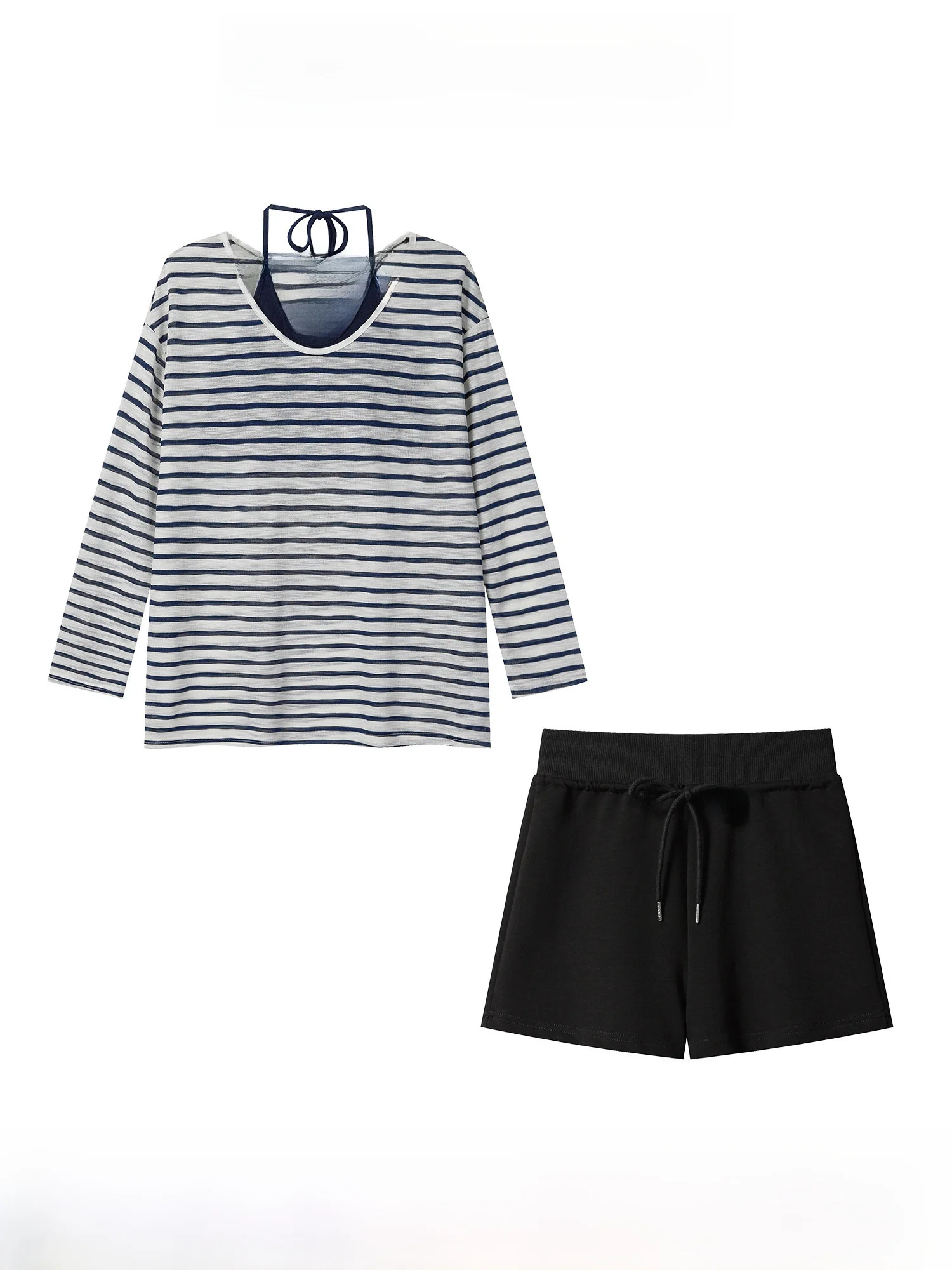 

Летний новый повседневный комплект из укороченного топа в полоску и шорт, женский модный костюм-двойка, с круглым вырезом, длинный рукав, футболка