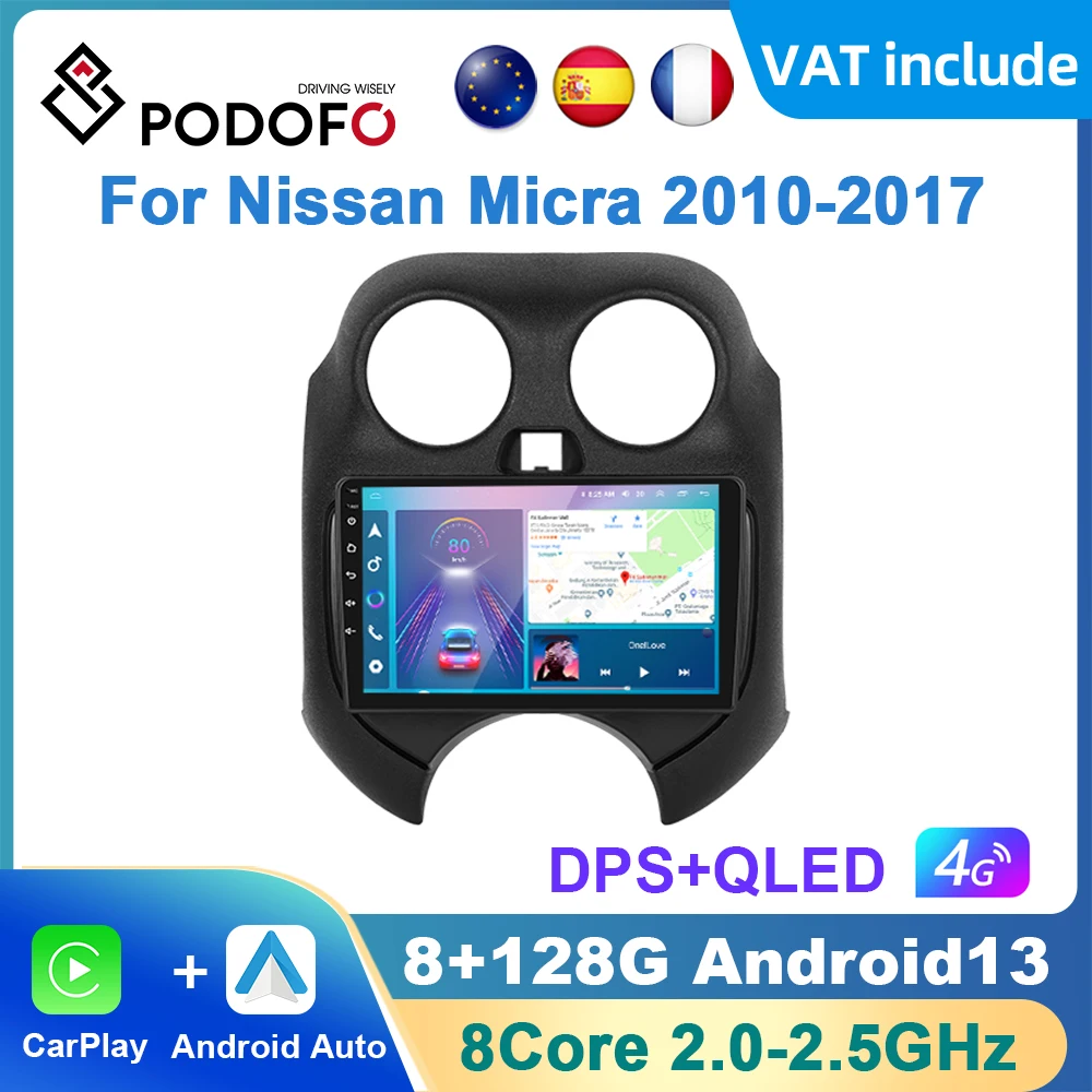 Podofo AI Voice Android Carplay Car Radio For Nissan Micra 2010-2017 Android Auto 4G Multimedia Player GPS Navigation RDS Radio