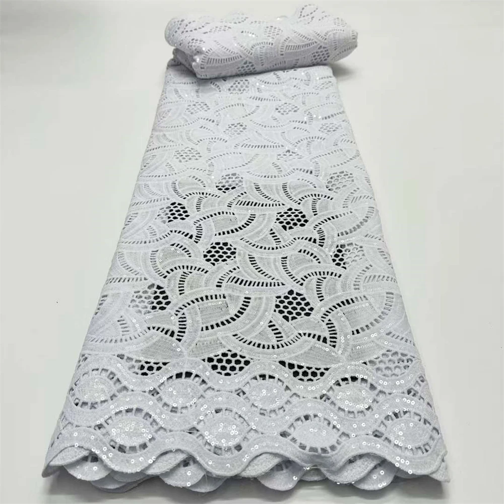 

Allover Metallic Lurex Embroidery Guipure Lace White Sequins Embroidered Tulle Fabric Nigerian Water Soluble Cloth CO1078