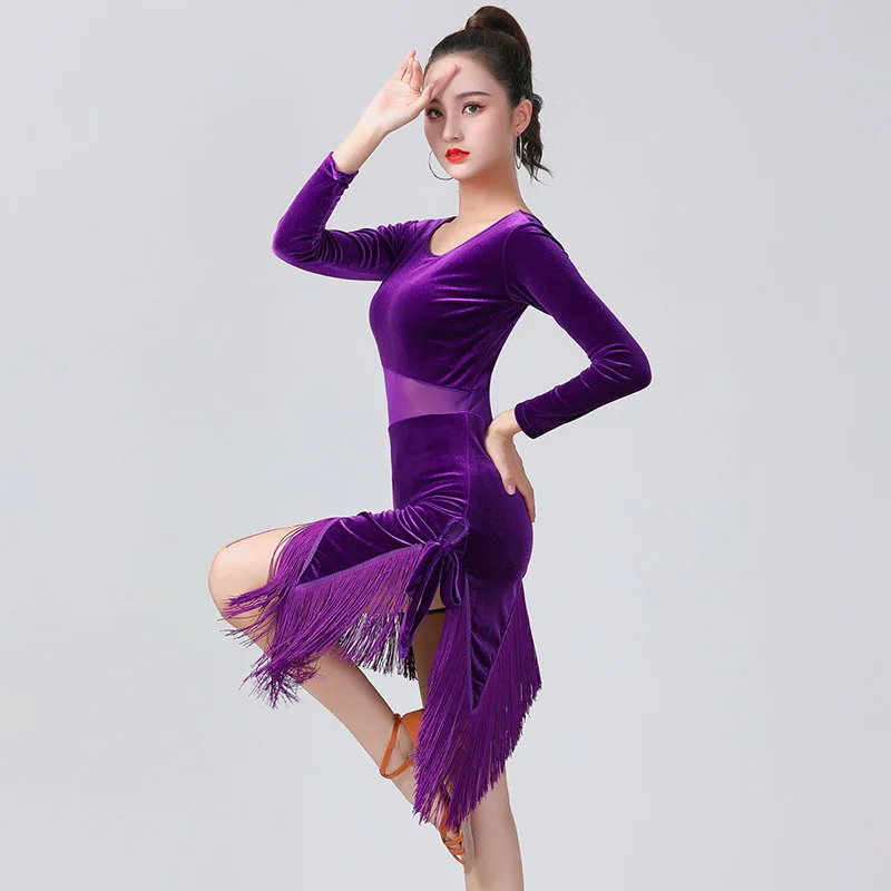 Women Latin Dance Costume Female Adult Korean Velvet Tassel Dancewear Stage Performance Sexy Mesh Splice Dress Costume