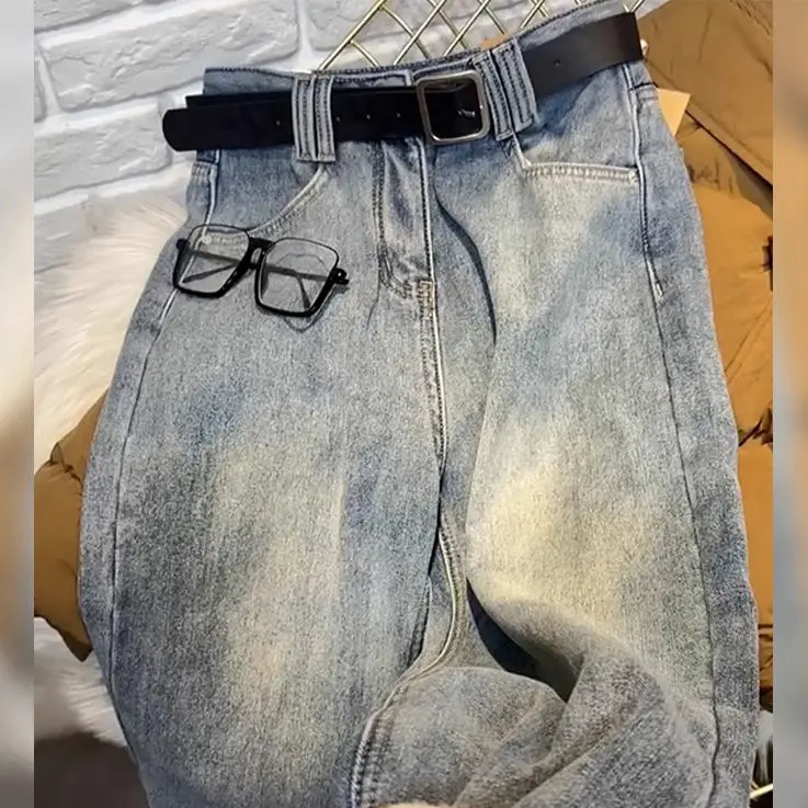 

2025 зимние расклешенные джинсы с высокой талией для грушевидной формы, женские прямые джинсовые брюки на флисовой подкладке с широкими штанинами и контролем живота