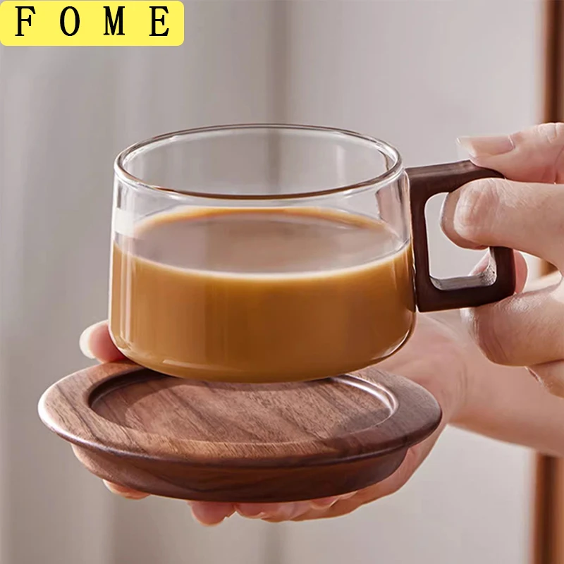 

1/2 шт. стеклянная кофейная кружка с подставкой и ложкой, чайная чашка с ручкой из орехового дерева, чашка для эспрессо, набор кофейных чашек для молока, латте, подарок