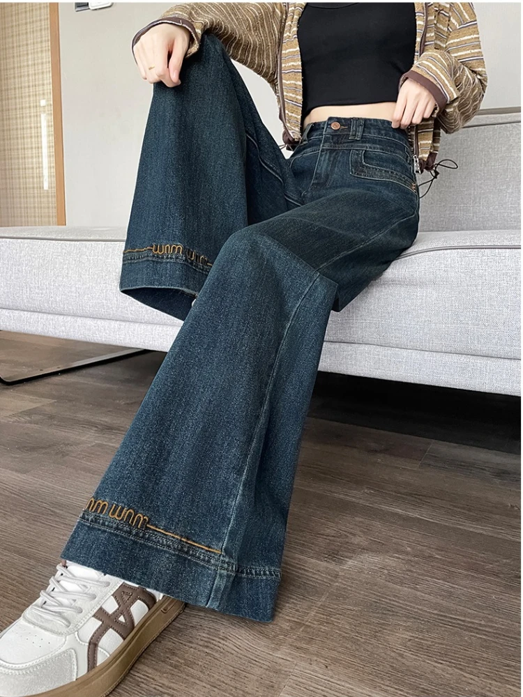 Pantaloni a gamba larga larghi ricamati e velluto a vita alta autunno/inverno da donna 2025 Pantaloni casual versatili alla moda