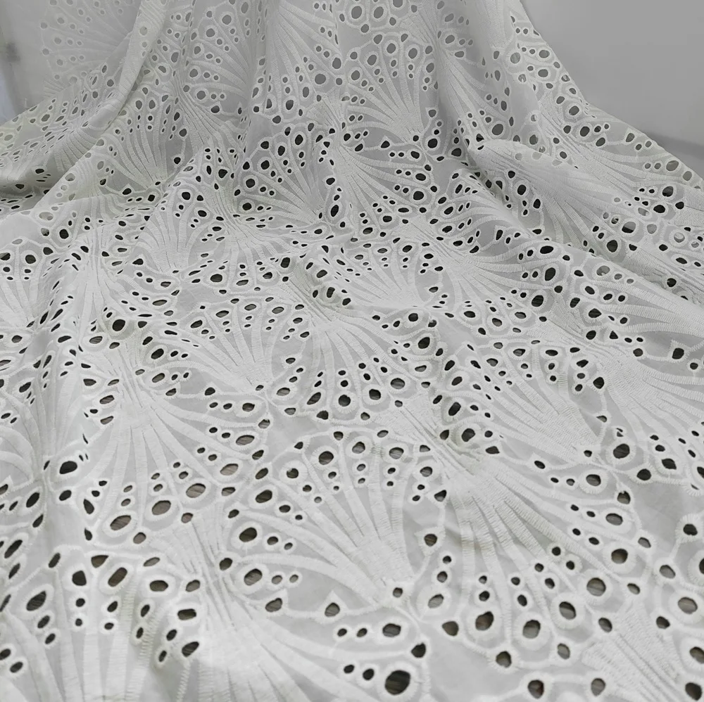 2YDS White pure cotton embroidery lace fabric eyelect hole embroideried clothing for woman dress apparel with fan or shell shape