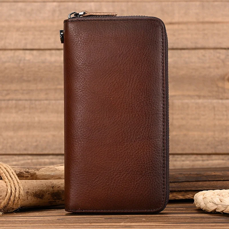 Leather Long Wallet Genuine Leather Long Purse For Men Women Slim Wallet Cow Leather Single Zipper Wallet With Wrist belt Strap