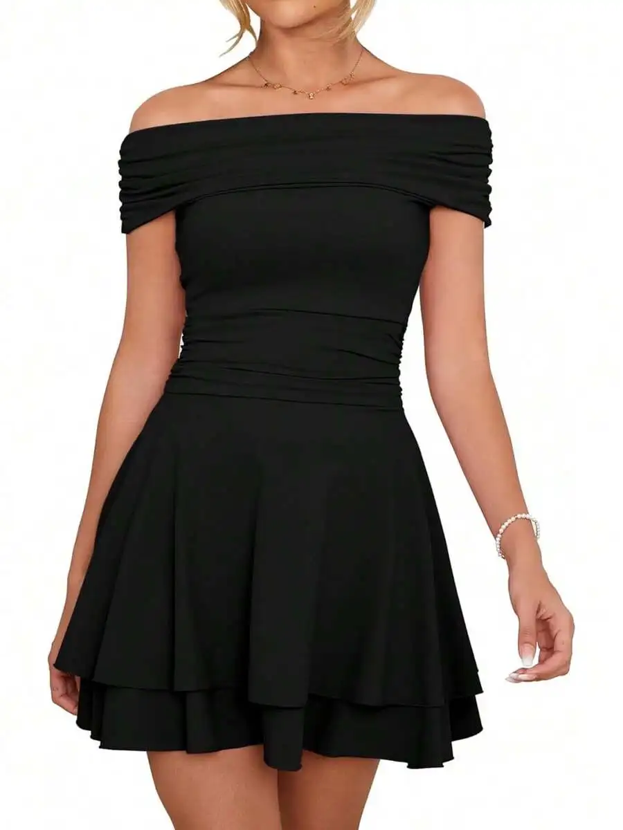 

Women Off Shoulder Ruched Waist A-Line Dress With Ruffle Hem Short Party Dress