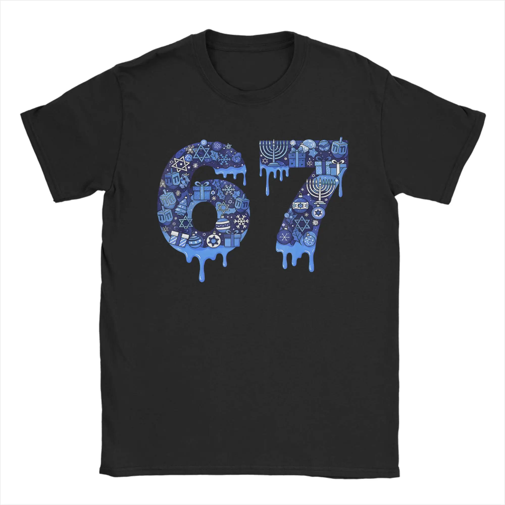 Funny 67 Six Seven 6 7 Happy Hanukkah Jewish Chanukah T-Shirt Summer  100% Cotton T Shirts For Men's Tee Shirt Short Sleeve Tees