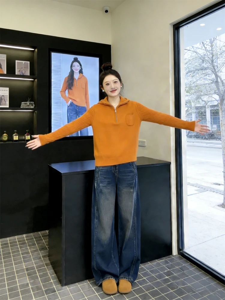 

Korean Sle Casual Hooded Knitwear Straight Leg Jeans Women's Set 2026 Spring New Slimming Versatile Two-Piece Set