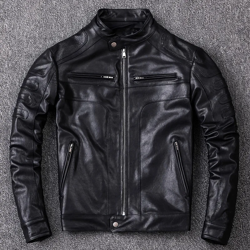 

Men's Vegetable Tanned Sheepskin Leather Jacket Motorcycle Biker Jackets Slim Short Stand Collar Genuine Clothes Coat