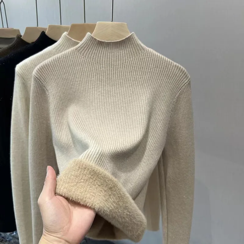 Women Half Turtleneck Sweater Autumn Winter Warm Fleece Lined Thick Knit Top Fashionable Cozy Inner Wear Base Layer Pullover