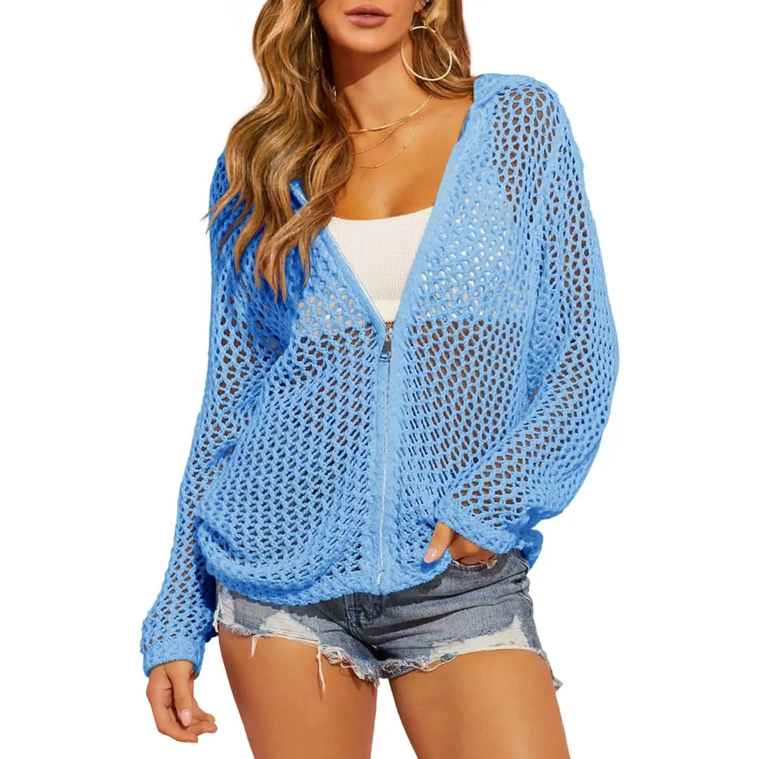 Women Hollow Out Crochet Cardigan Zip Up Hooded Long Sleeve Knit Sweater Mesh Beach Swimwear Cover Up Lightweight Summer Bathing Suit Beachwear Boho Sun Protection Tops