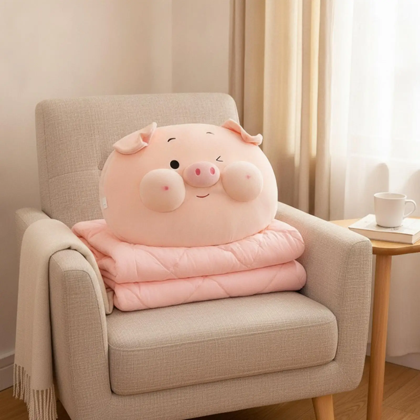 Children Pillow Blanket Cute Pig Plush Cushion Blanket 2 in 1 Soft Cuddly Throw for Home and Travel