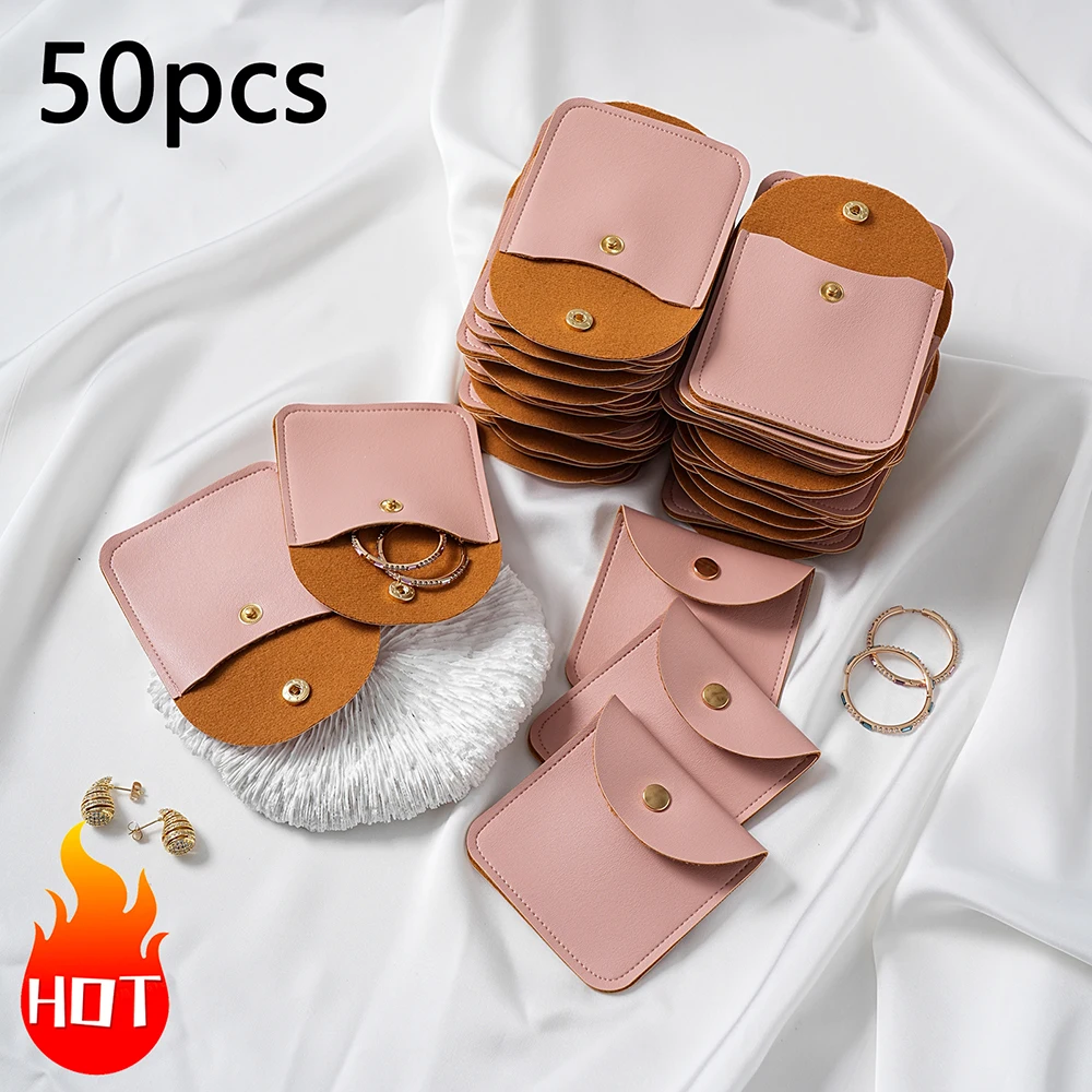 1/10/50 Buah Kantong Perhiasan Kulit PU Lembut Kancing Jepret Tas Kemasan Perhiasan Anting Kalung Organizer Tas Hadiah Bisnis Kecil