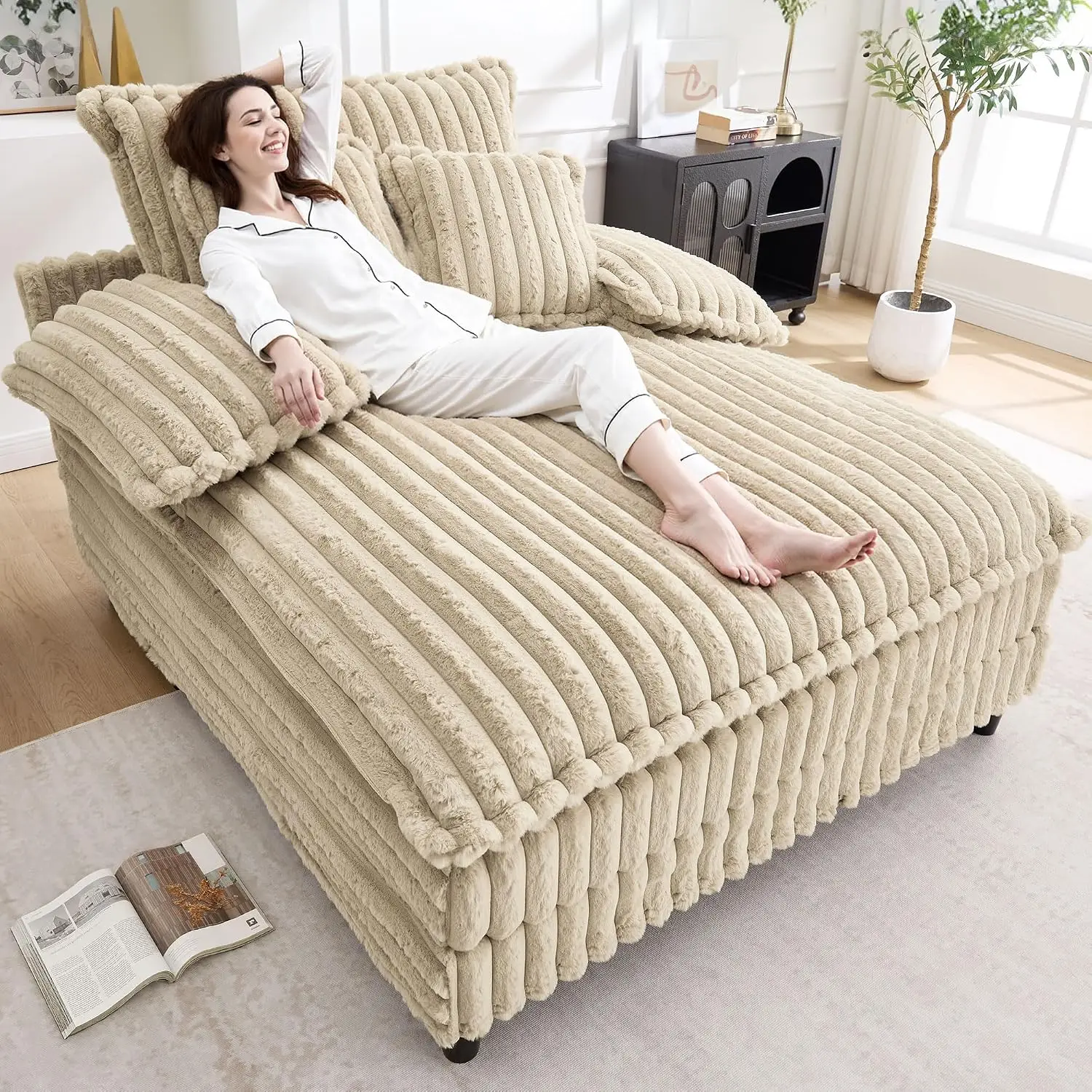 Oversized Chaise Lounge Indoor 5-Position Adjustable Backrest Plush Sleeper Sofa Pillows Living Room 54.8