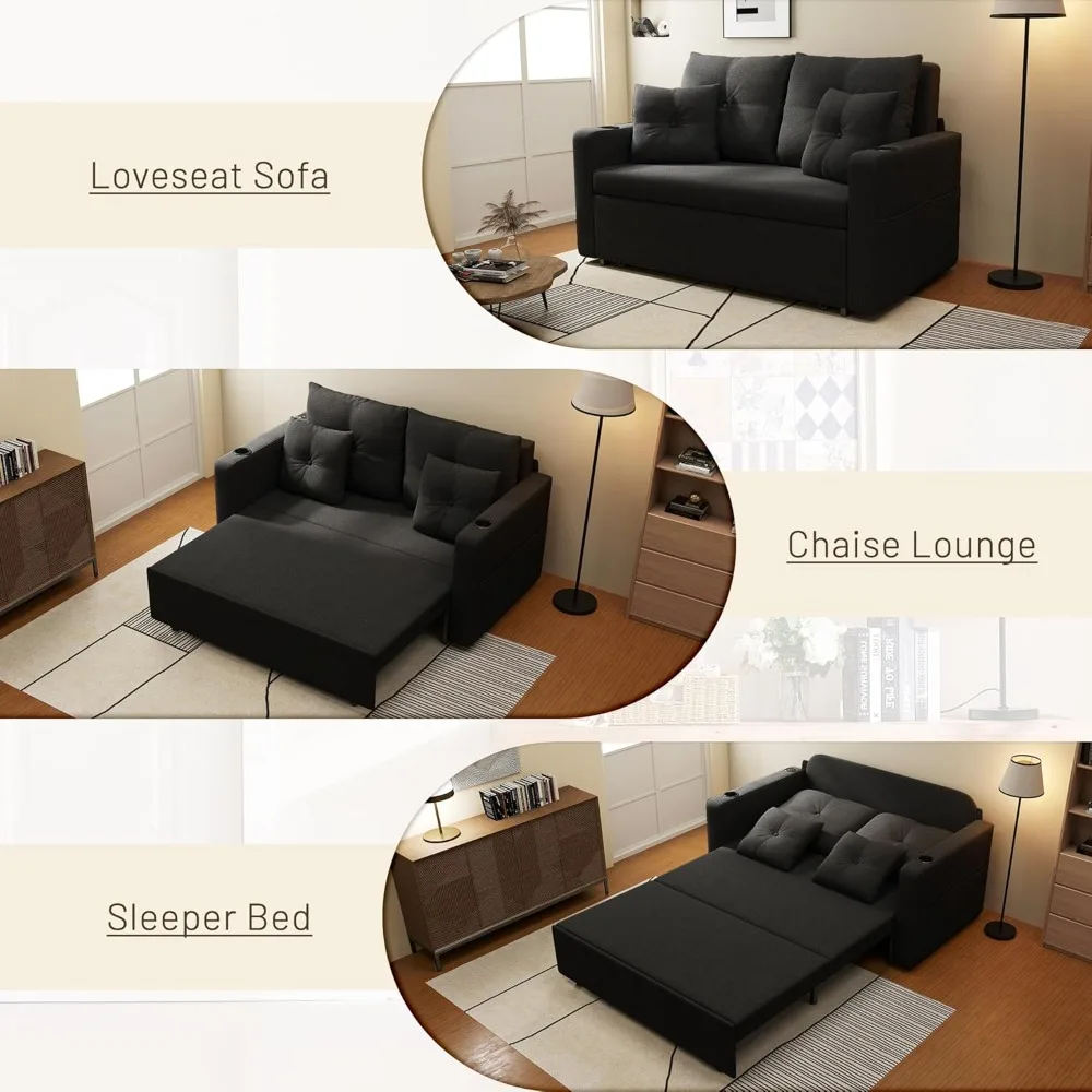 Convertible Couch Bed with Cup Holders and USB Port, 56 Inch Loveseat Sleeper Sofa for Living Room and Bedroom Use
