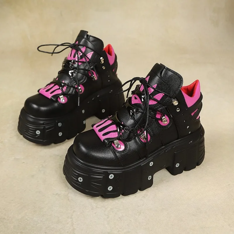 2026New Women's Platform Shoes Street Punk Style Rivet Gothic Shoes Lace Up Height Increasing Thick Soled Boots Zapatos De Mujer