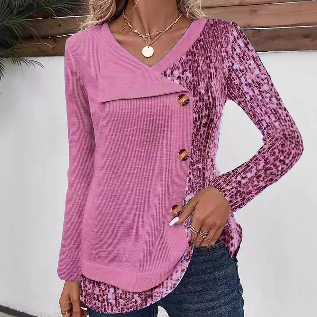 Fashion Spliced ​​sequined Women's T-shirt Spring Autumn Long-sleeved V-neck Delicate Buttoned Top With Irregular Hem Tshirt