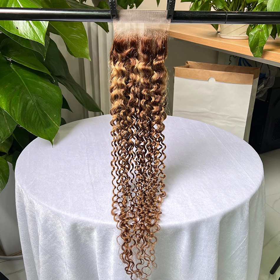 Mettre en évidence P4/27 couleur 4x6 pouces fermeture à lacets transparente bouclés profonds 100% cheveux humains noeuds blanchis dentelle pré-épilée cheveux bruts