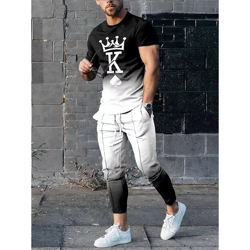 

Men's T Shirt Set Letter K 3D Print T-shirt Pants Tracksuit Male T Shirts Trousers 2 Pieces Streetwear Oversized Suit Sportswear