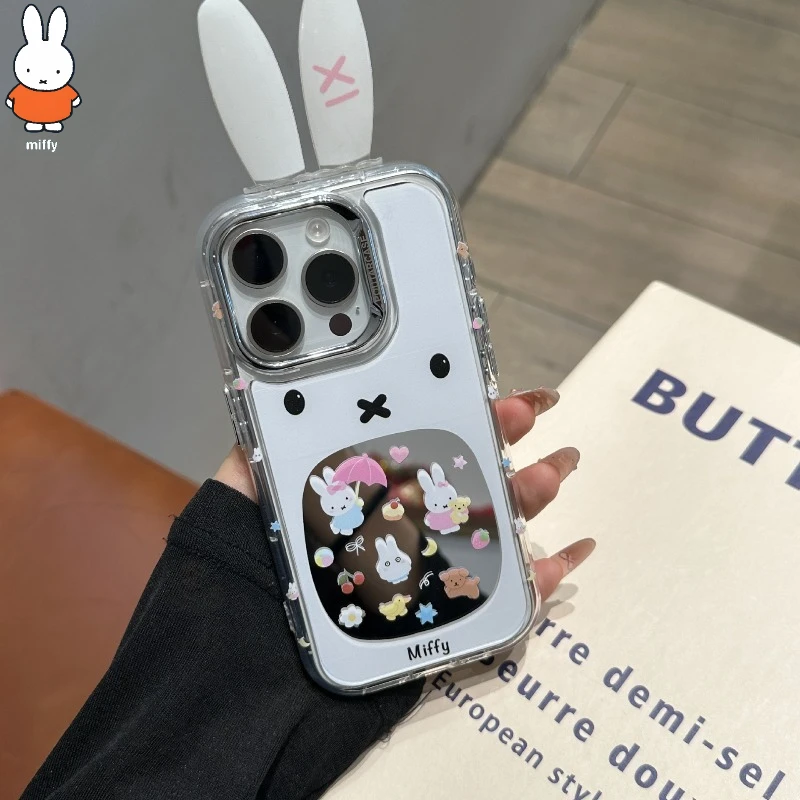 

Kawaii анимированный чехол для телефона с полым зеркалом и стереоухом Miffy Rabbit, подходит для популярных серий 13/14 16ProMax/15/16