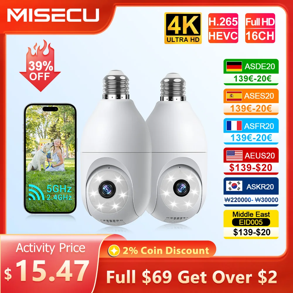 MISECU Tuya 2MP 5G&2.4G Light Bulb Wifi Cameras 2-Way Talk，Motion Tracking for Home Security Outdoor Full Color Night Vision