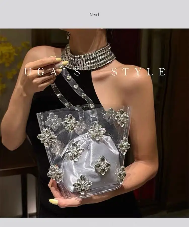 

Transparent Soft PVC Bucket Bag Luxury Glitter Rhinestones Diamond Women Handbag Large Capacity Tote Bag Female Shoulder Bag
