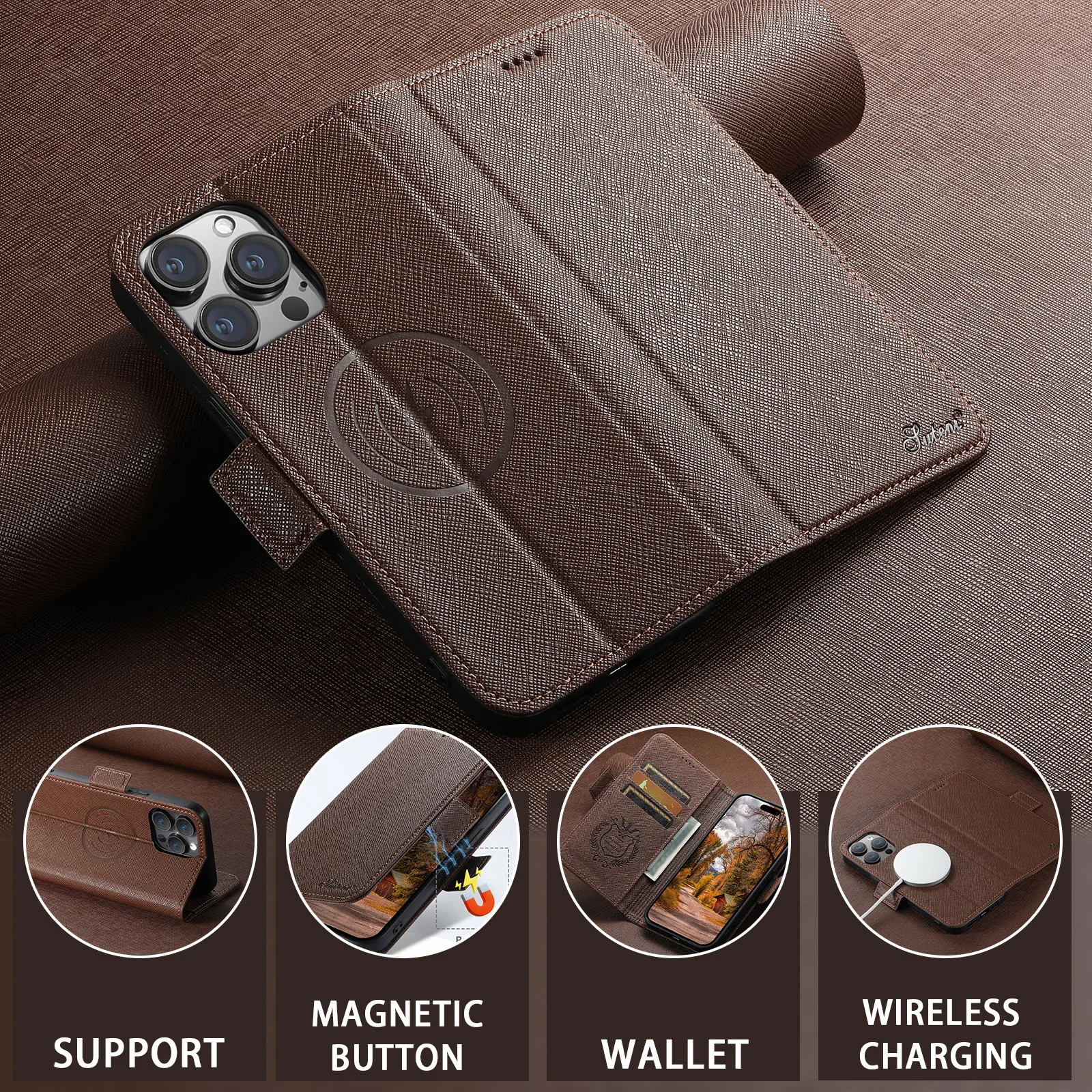 For iPhone 16 15 14 Pro Max 13 12 for Magsafe Kickstand Card Solt Case Wireless Charging Magnetic Leather Wallet Phone Cover