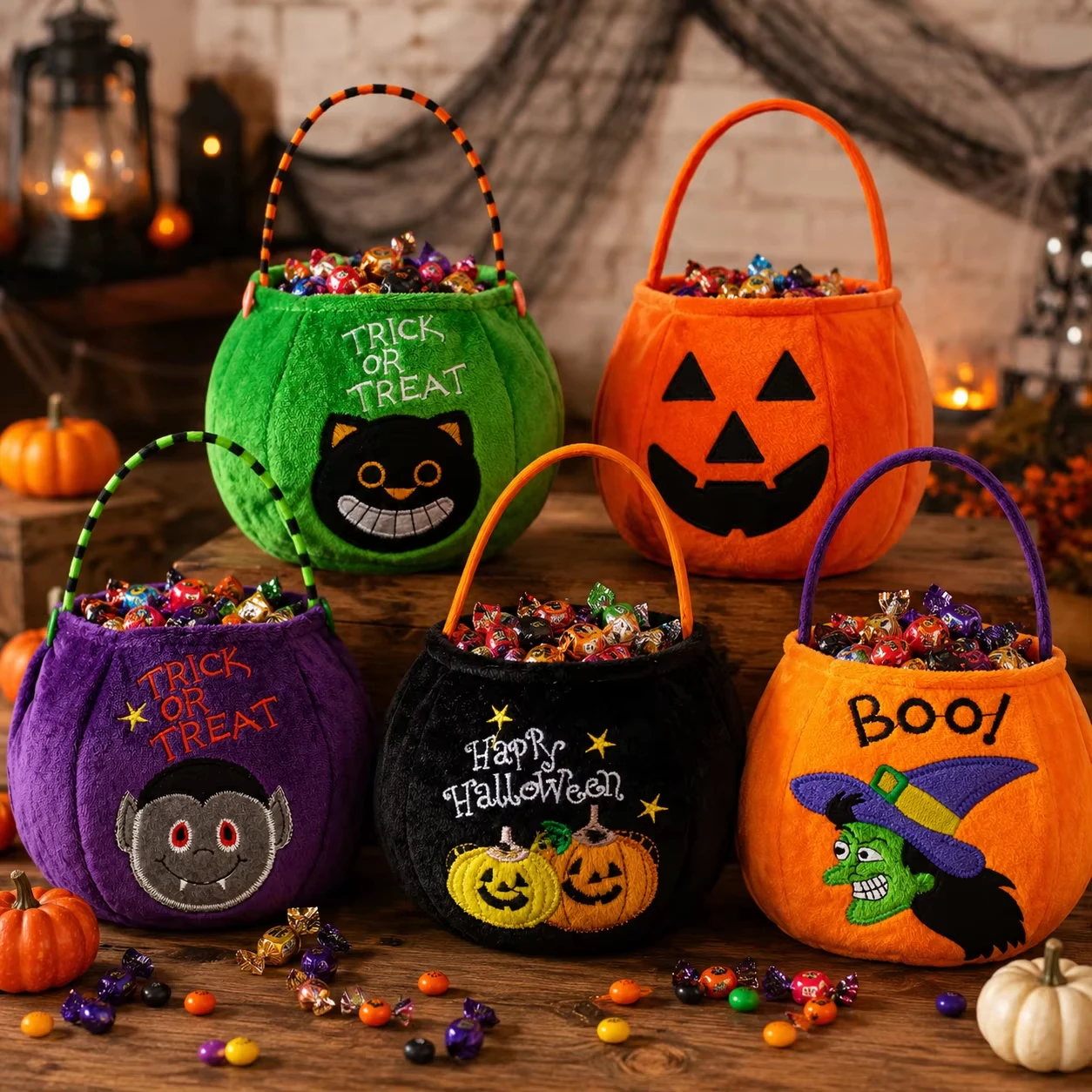 New Halloween Candy Basket with Handle, Soft Plush Pumpkin Cat Witch Vampire Treat Bag for Costume Party and Holiday Decoration