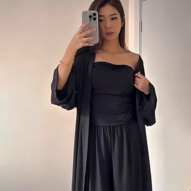 موضة خريف وشتاء 2025 للسيدات معطف جديد بلون سادة وأكمام طويلة طقم تنورة طويلة 789