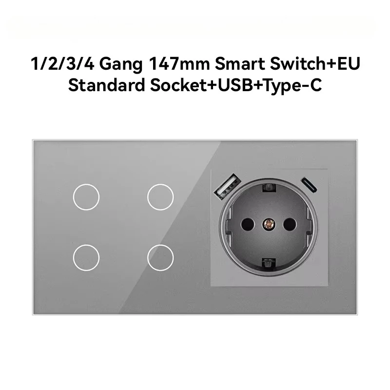 157*86mm Tempered Glass Smart Touch Switch + EU Socket with USB-C, WiFi, Family Sharing, Timing, IP44 Waterproof
