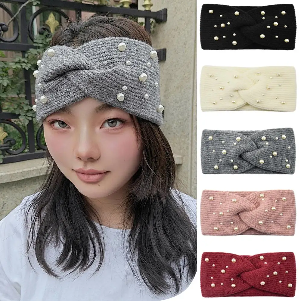 

Двухслойная вязаная широкая повязка для волос, вязаная крючком шерстяная эластичная спортивная повязка-тюрбан, повязка на голову с завязками и жемчугом, зимняя повязка на голову
