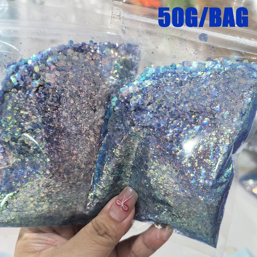 50g Iridescent Blue Hexagon Holographic Chunky Mixed Glitter Nail Tips Glitter Powder Mermaid Flakes Sparkly Glitter Decorations