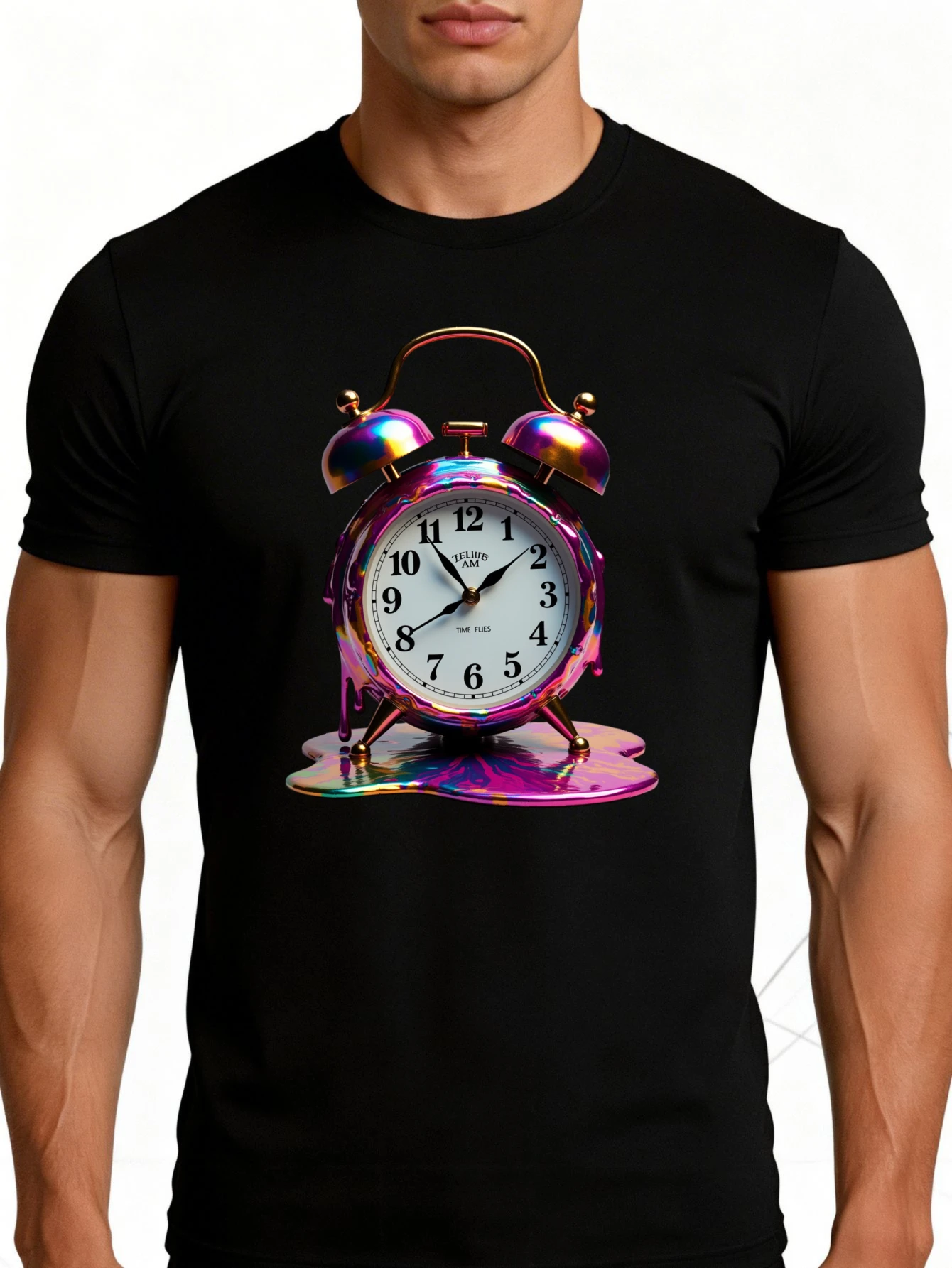 Men's Solid Pattern T-Shirt - Breathable, Soft, Lightweight - Colorful Alarm Clock Design - Retro Fun Pattern Casual Short Sleeve Summer Top, Gift for Him