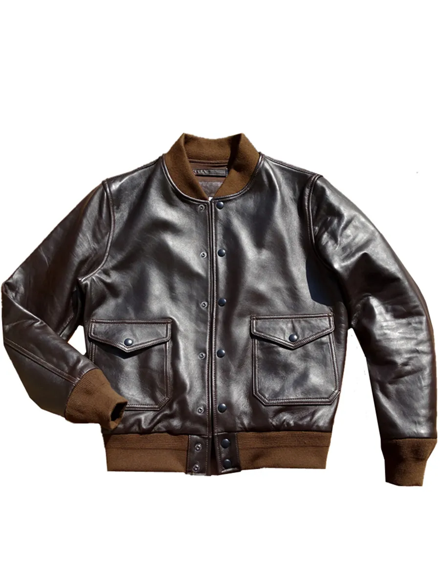 Men's A1 Bomber Leather Jacket, Dark Brown Sheepskin