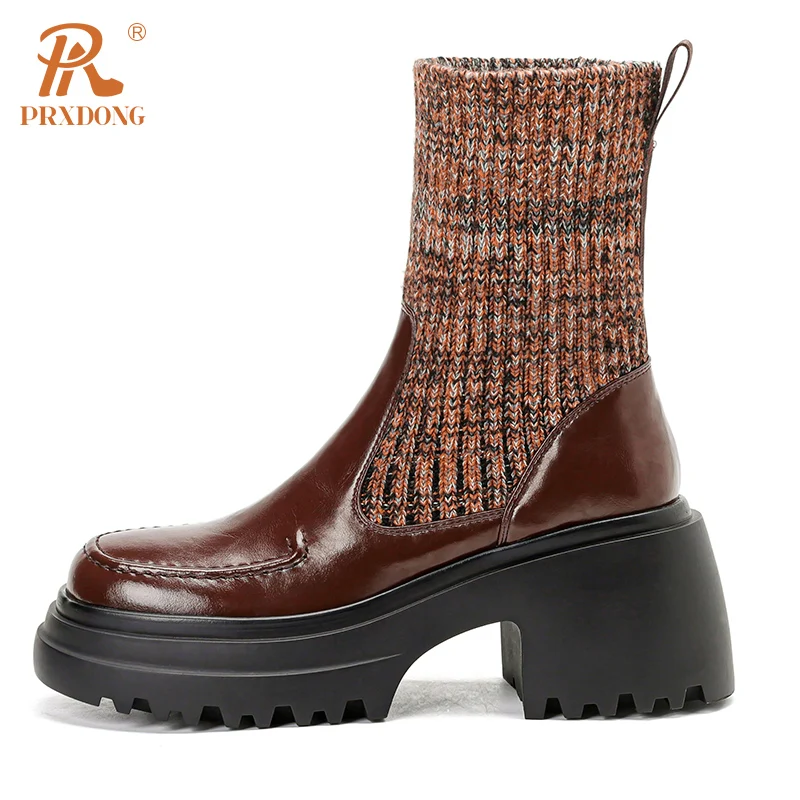 PRXDONG New 2023 Retro scarpe in vera pelle stivaletti donna tacchi alti grossi punta tonda nero marrone Casual calzino stivali 34-39