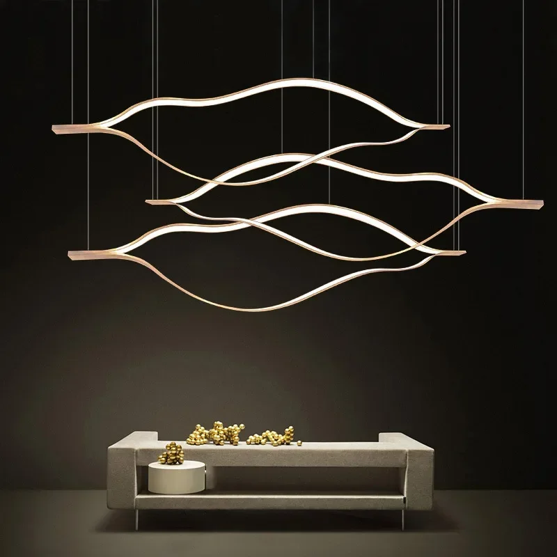 Nordic Modern Art Minimalist LED Chandelier Restaurant Living Room Bar Pendant Lamp Creative Wave Shaped Strip House Decor Light