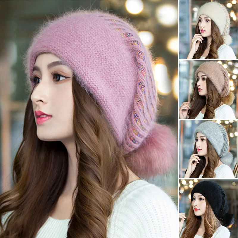 

Fashion Faux Fur Pompom Beanie Cap Winter Woolen Knitted Hat for Women Rabbit Hair Blend Warm Hats Girls Solid Head Cap Cover