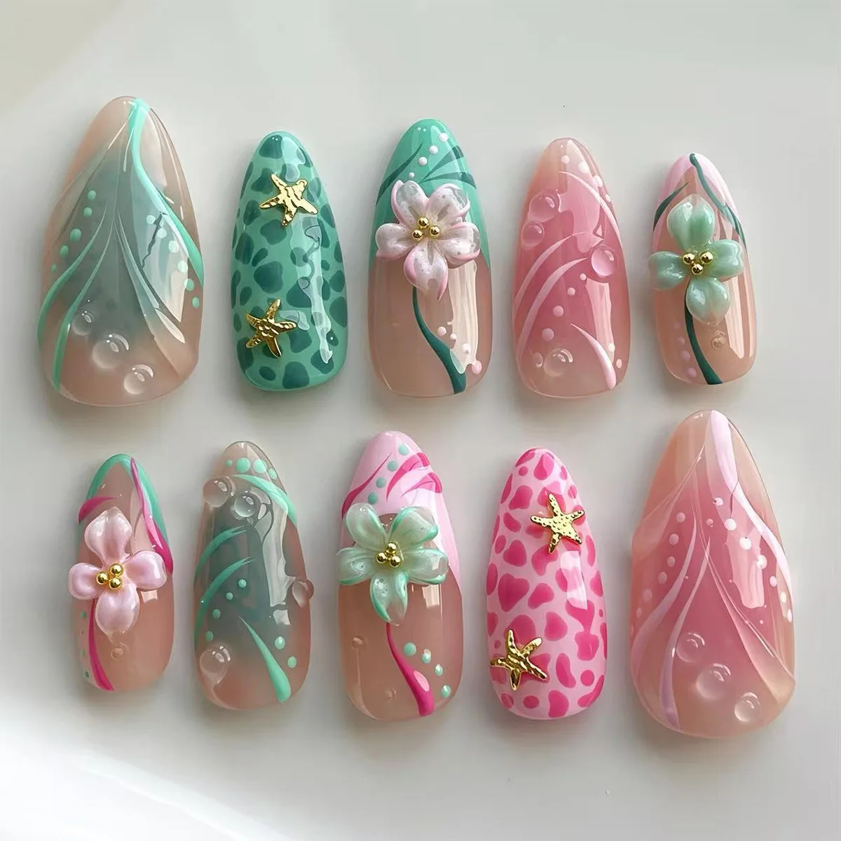 

24PCS Pink and Green Ocean Press on Nails 3D Flower False Nails with Gold Starfish Decor Almond Acrylic Nail for Summer Beach
