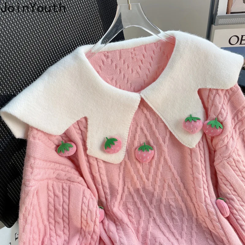 Japanese Sweet Pullover Women\'s Clothing Cute Peter Pan Collar 3D Strawberry Jumper Fashion Pink Knitted Sweater 2023 Ropa Mujer