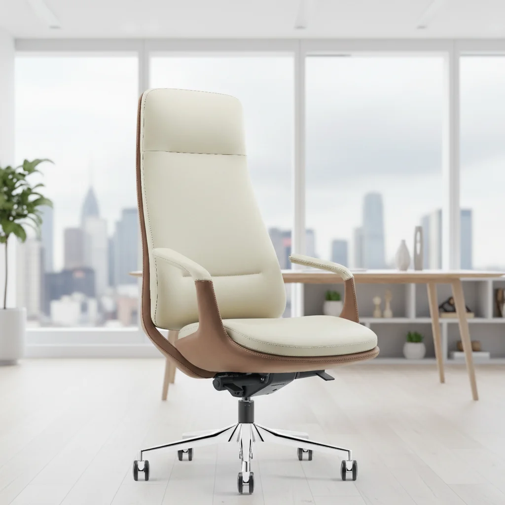 Wood Effect Leather Executive Office Chair Modern Design Ergonomic Swivel Chair With Adjustable Height BIFMA Certified