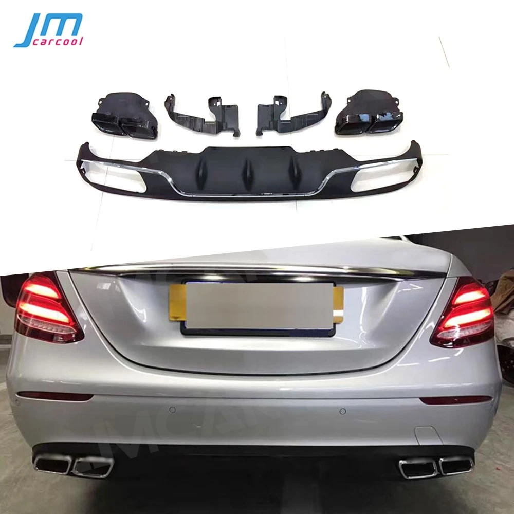 PP Rear Bumper Lip Diffuser with Exhaust Tips 4 Outlet for Mercedes Benz W213 E Class E200 E300 Standard Bumper 2017 2018 2019