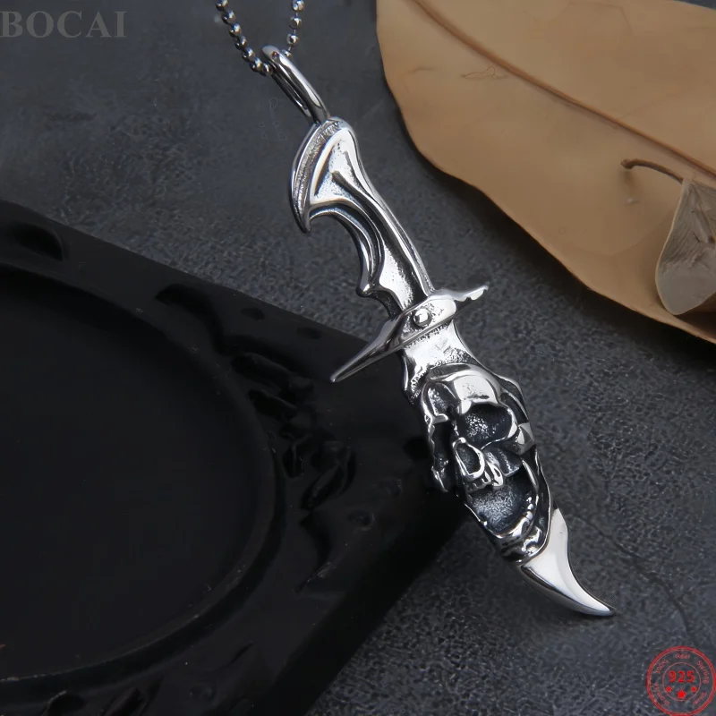 BOCAI Real S925 Sterling Silver Charms Pendant for Men Antique Eternal Blade Skull-Sword Charm Fine Choice Jewelry Wholesale